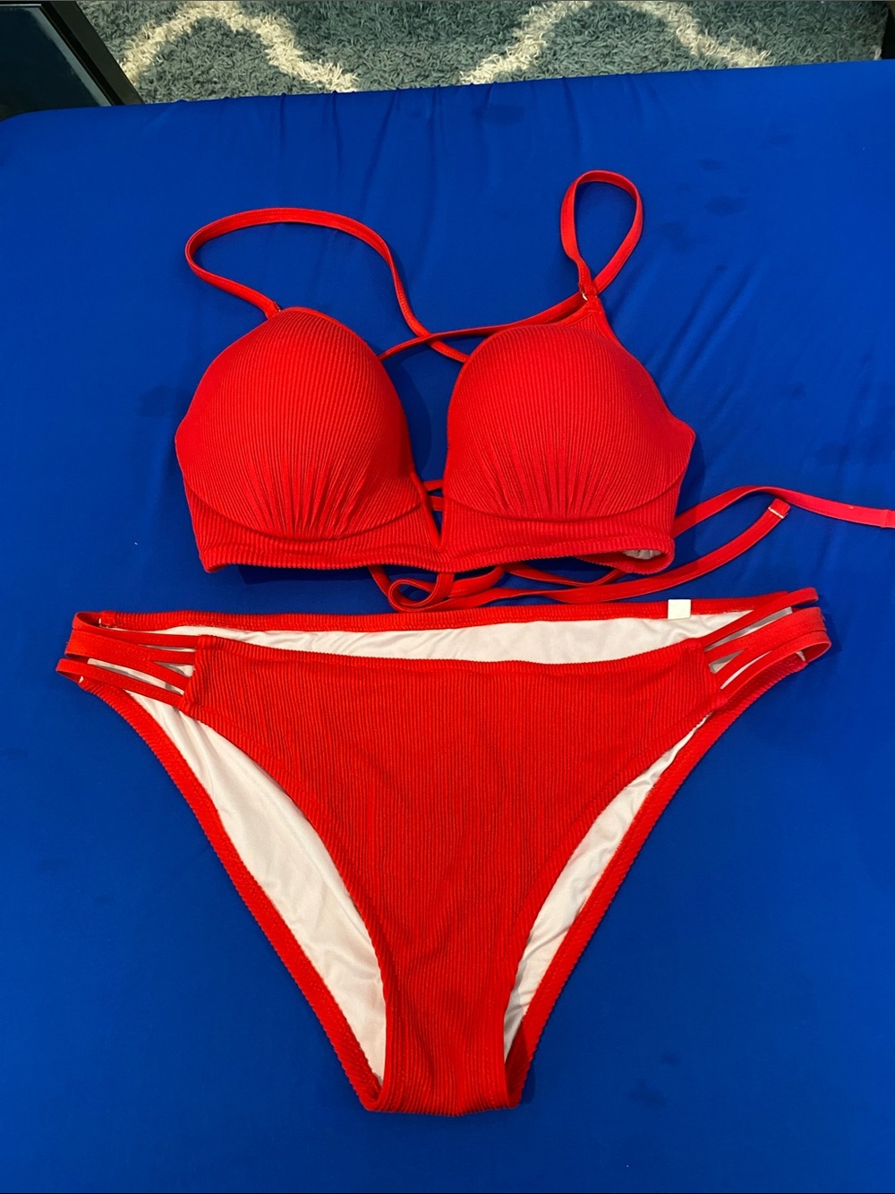Shade & Shore Red Ribbed Padded Bikini with Strappy Sides
